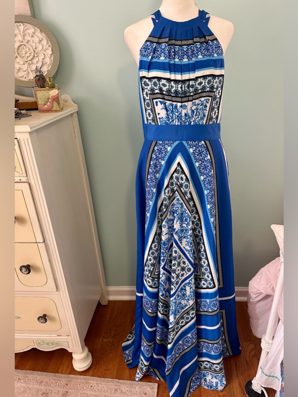 Eliza J Blue Multi-Pattern Halter Maxi Dress
